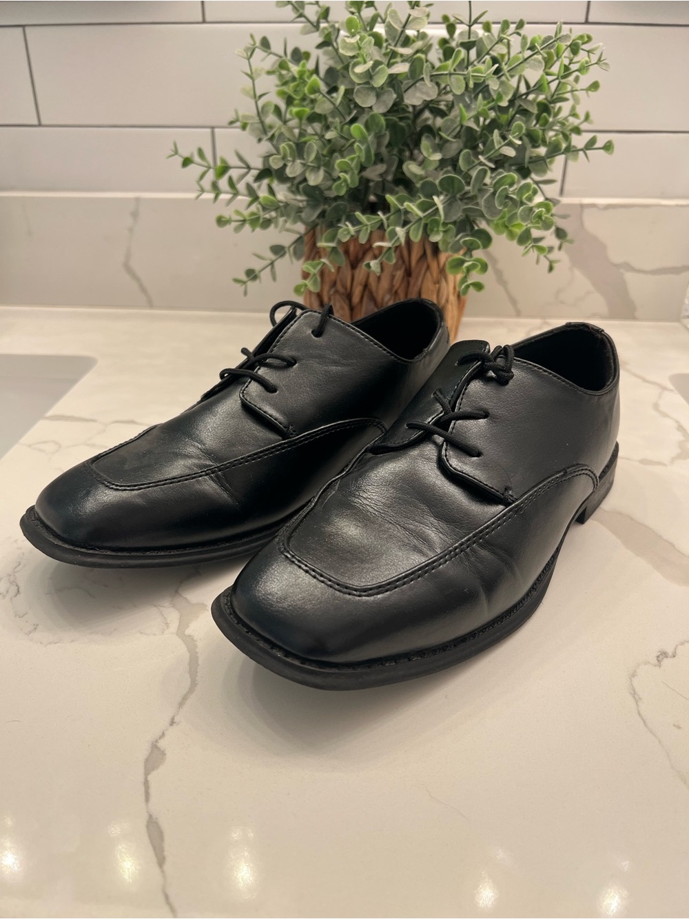 Boys Black Leather-like Lace-Up Dress Shoes